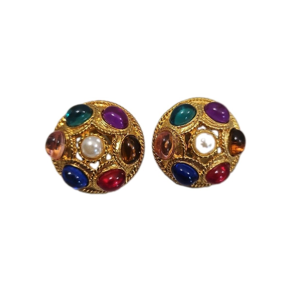 Cabochon Dome Earrings Faux Pearl Gold Multicolor Jelly Belly Clip Vtg